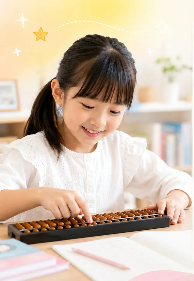 そろばんを楽しく学ぶ女の子